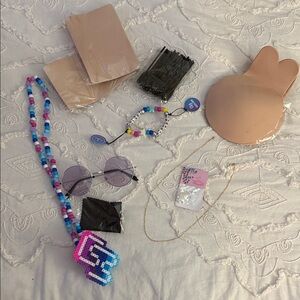 Playful Beaded Necklace with Pixel Pendant and Purple Round Sunglasses